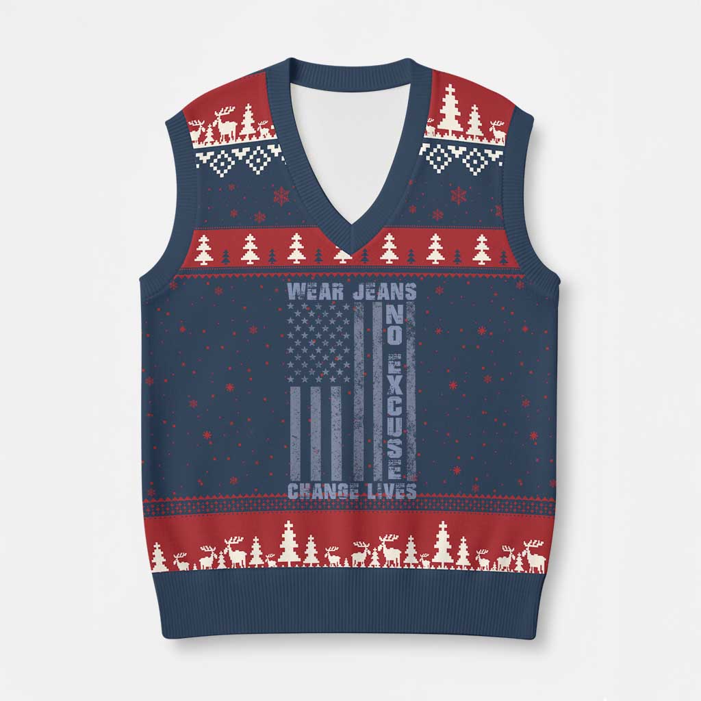 Denim Day Awareness V-Neck Knit Sweater Vest Wear Jeans No Excuse Change Lives Vintage American Flag TS11 Navy Red Print Your Wear