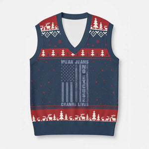Denim Day Awareness V-Neck Knit Sweater Vest Wear Jeans No Excuse Change Lives Vintage American Flag TS11 Navy Red Print Your Wear