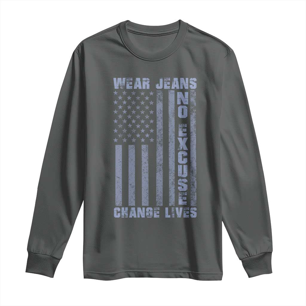 Denim Day Awareness Long Sleeve Shirt Wear Jeans No Excuse Change Lives Vintage American Flag TS11 Dark Heather Print Your Wear
