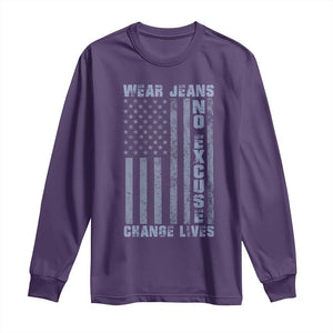 Denim Day Awareness Long Sleeve Shirt Wear Jeans No Excuse Change Lives Vintage American Flag TS11 Purple Print Your Wear