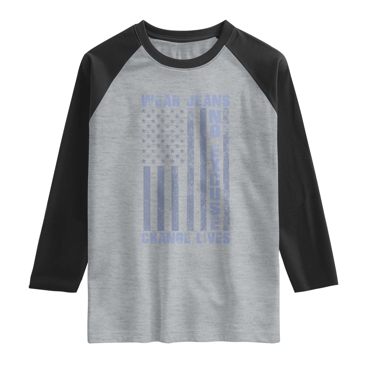 Denim Day Awareness Raglan Shirt Wear Jeans No Excuse Change Lives Vintage American Flag TS11 Heather Gray Black Print Your Wear