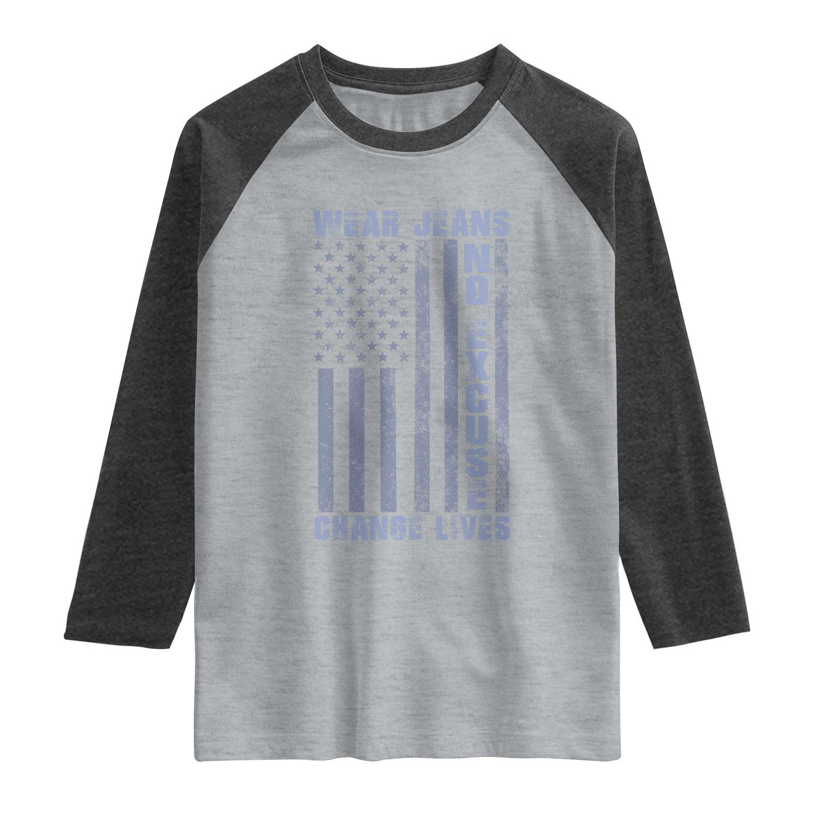 Denim Day Awareness Raglan Shirt Wear Jeans No Excuse Change Lives Vintage American Flag TS11 Heather Gray Heather Charcoal Print Your Wear