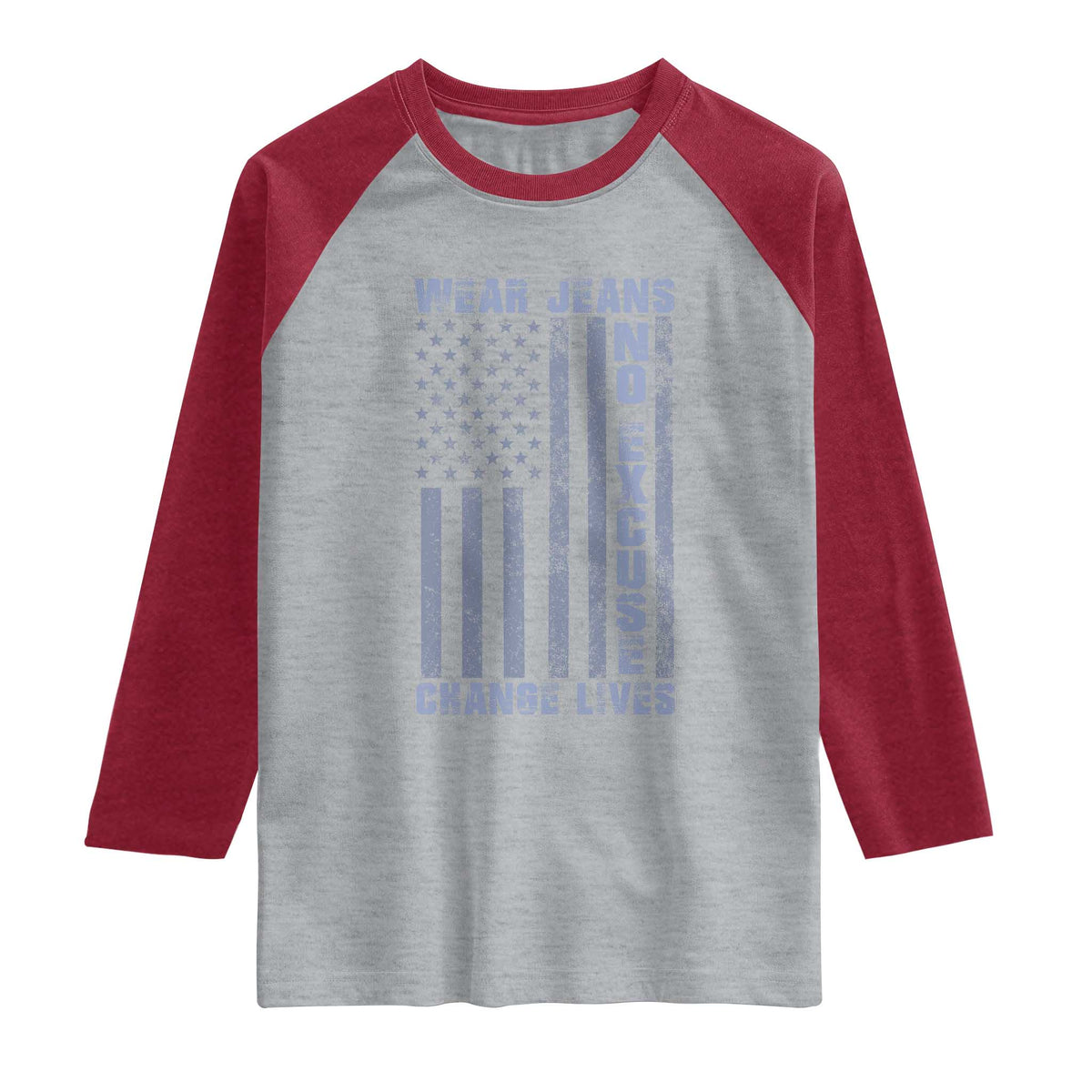 Denim Day Awareness Raglan Shirt Wear Jeans No Excuse Change Lives Vintage American Flag TS11 Heather Gray Heather Red Print Your Wear