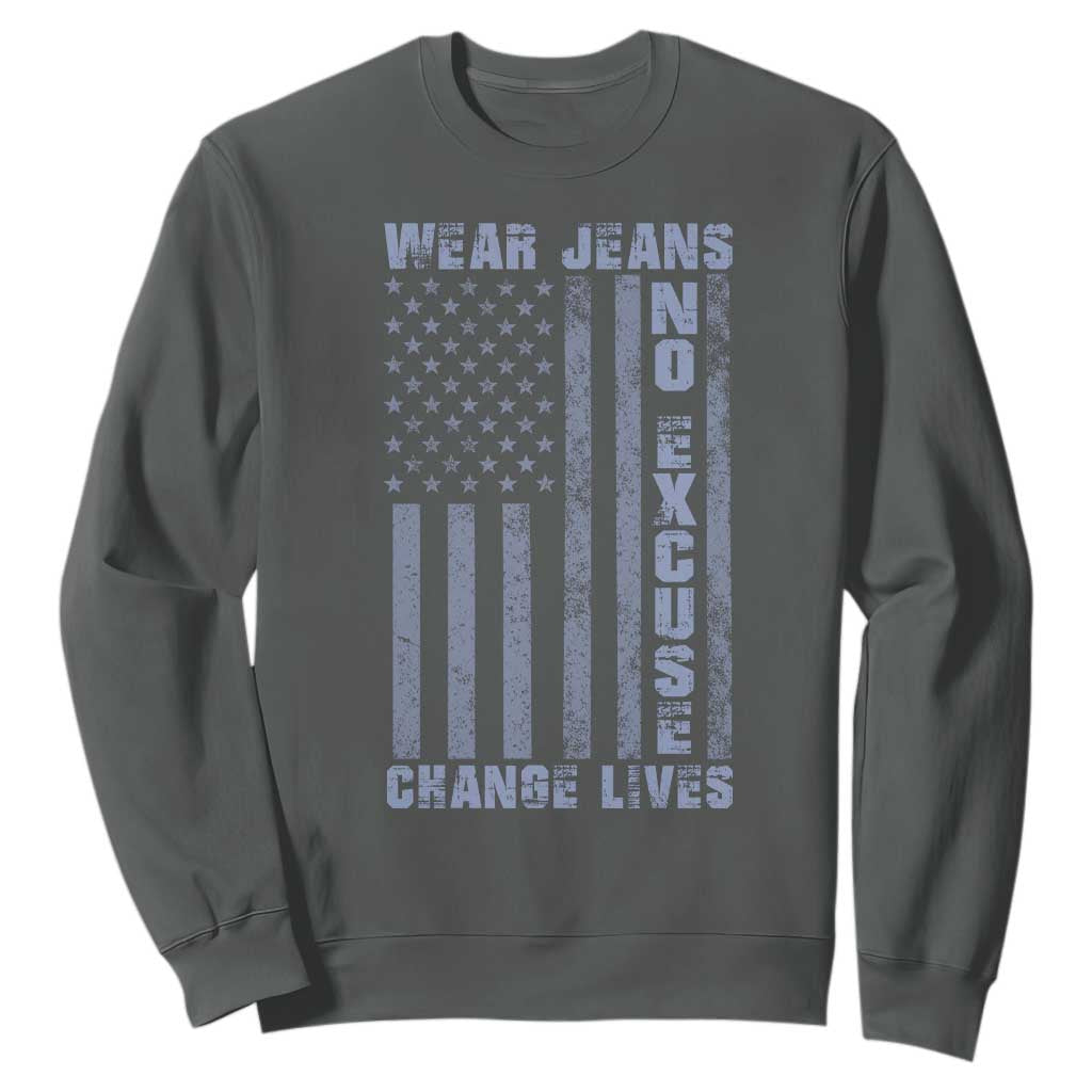 Denim Day Awareness Sweatshirt Wear Jeans No Excuse Change Lives Vintage American Flag TS11 Dark Heather Print Your Wear