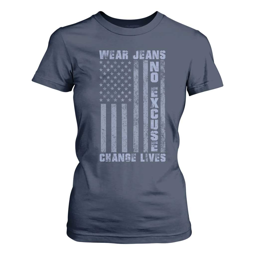 Denim Day Awareness T Shirt For Women Wear Jeans No Excuse Change Lives Vintage American Flag TS11 Navy Print Your Wear