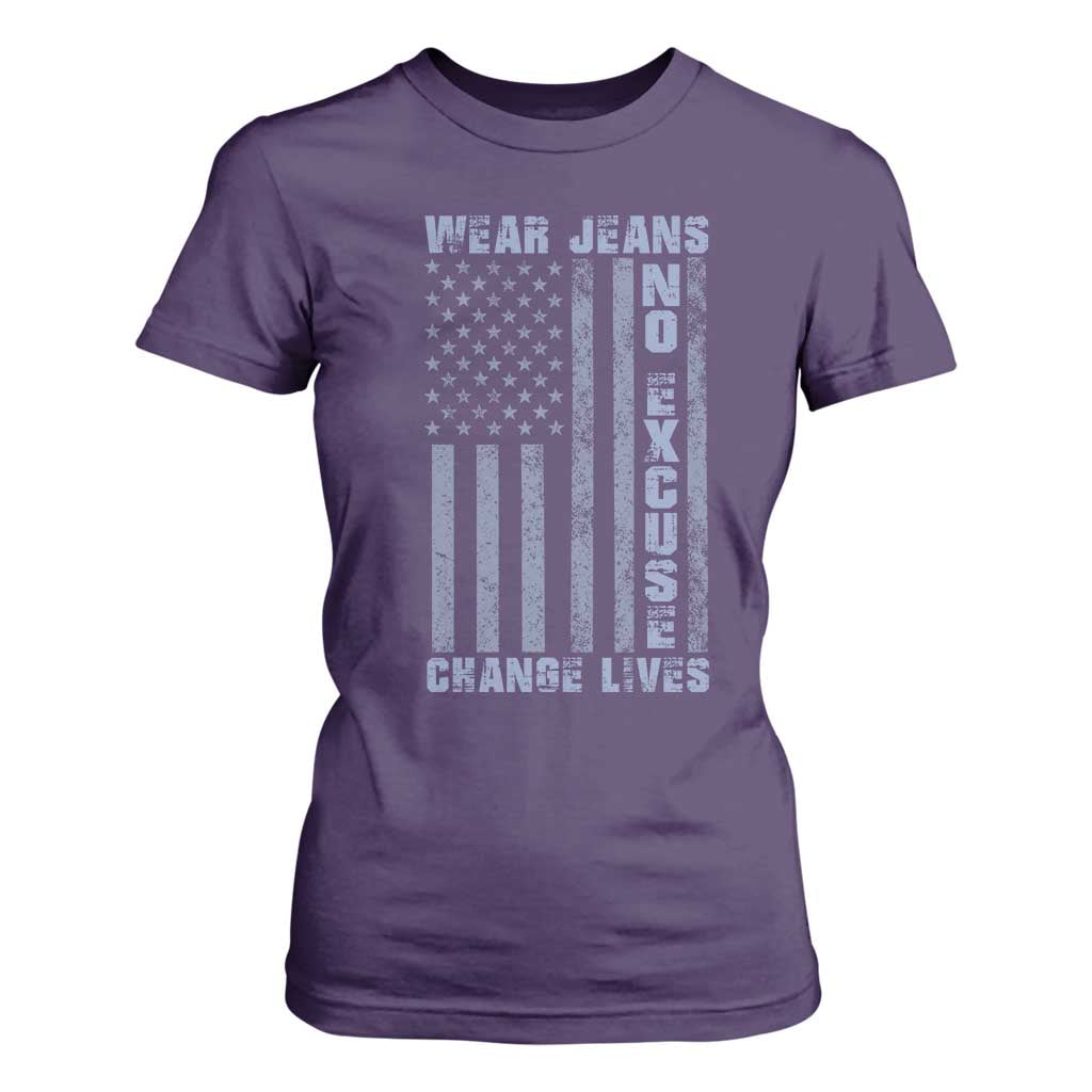 Denim Day Awareness T Shirt For Women Wear Jeans No Excuse Change Lives Vintage American Flag TS11 Purple Print Your Wear
