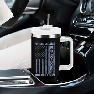 Denim Day Awareness Tumbler With Handle Wear Jeans No Excuse Change Lives Vintage American Flag TS11 Print Your Wear