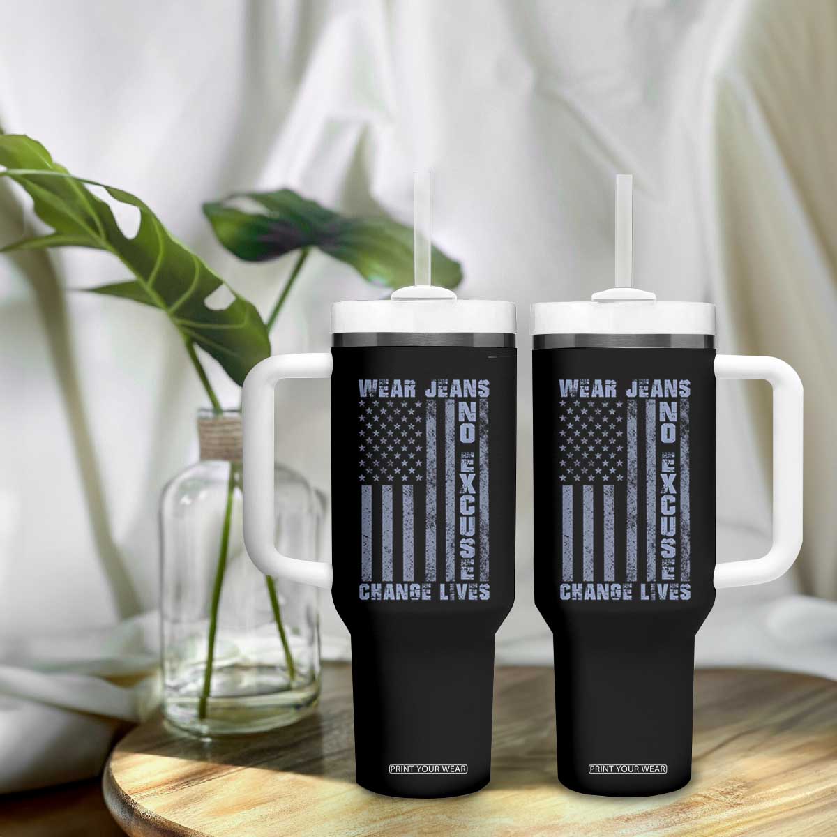 Denim Day Awareness Tumbler With Handle Wear Jeans No Excuse Change Lives Vintage American Flag TS11 Print Your Wear