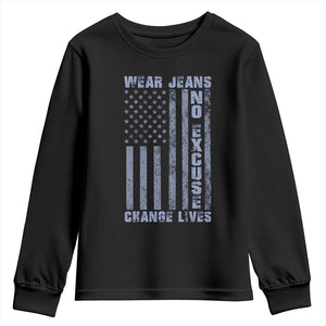 Denim Day Awareness Youth Sweatshirt Wear Jeans No Excuse Change Lives Vintage American Flag TS11 Black Print Your Wear