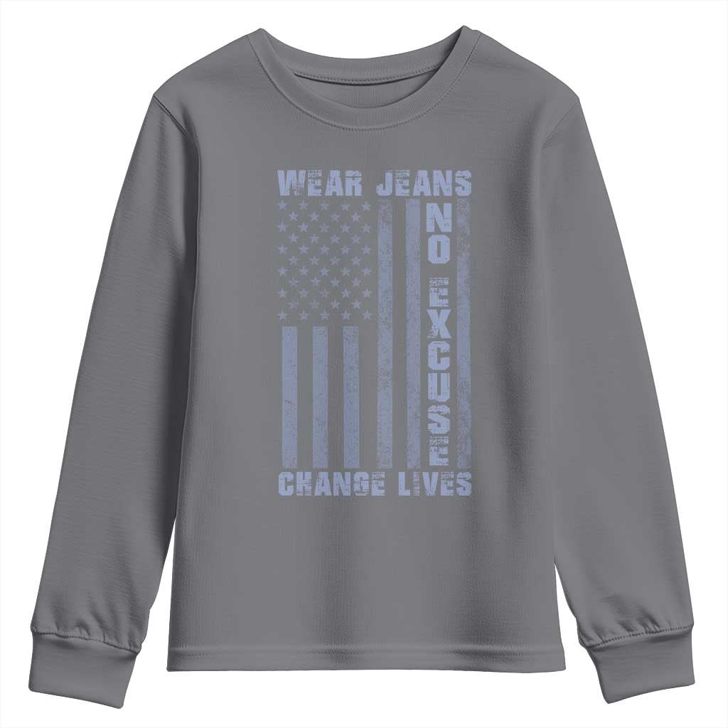 Denim Day Awareness Youth Sweatshirt Wear Jeans No Excuse Change Lives Vintage American Flag TS11 Charcoal Print Your Wear