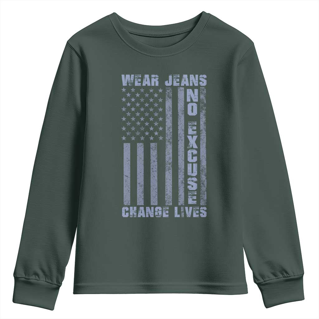 Denim Day Awareness Youth Sweatshirt Wear Jeans No Excuse Change Lives Vintage American Flag TS11 Dark Forest Green Print Your Wear