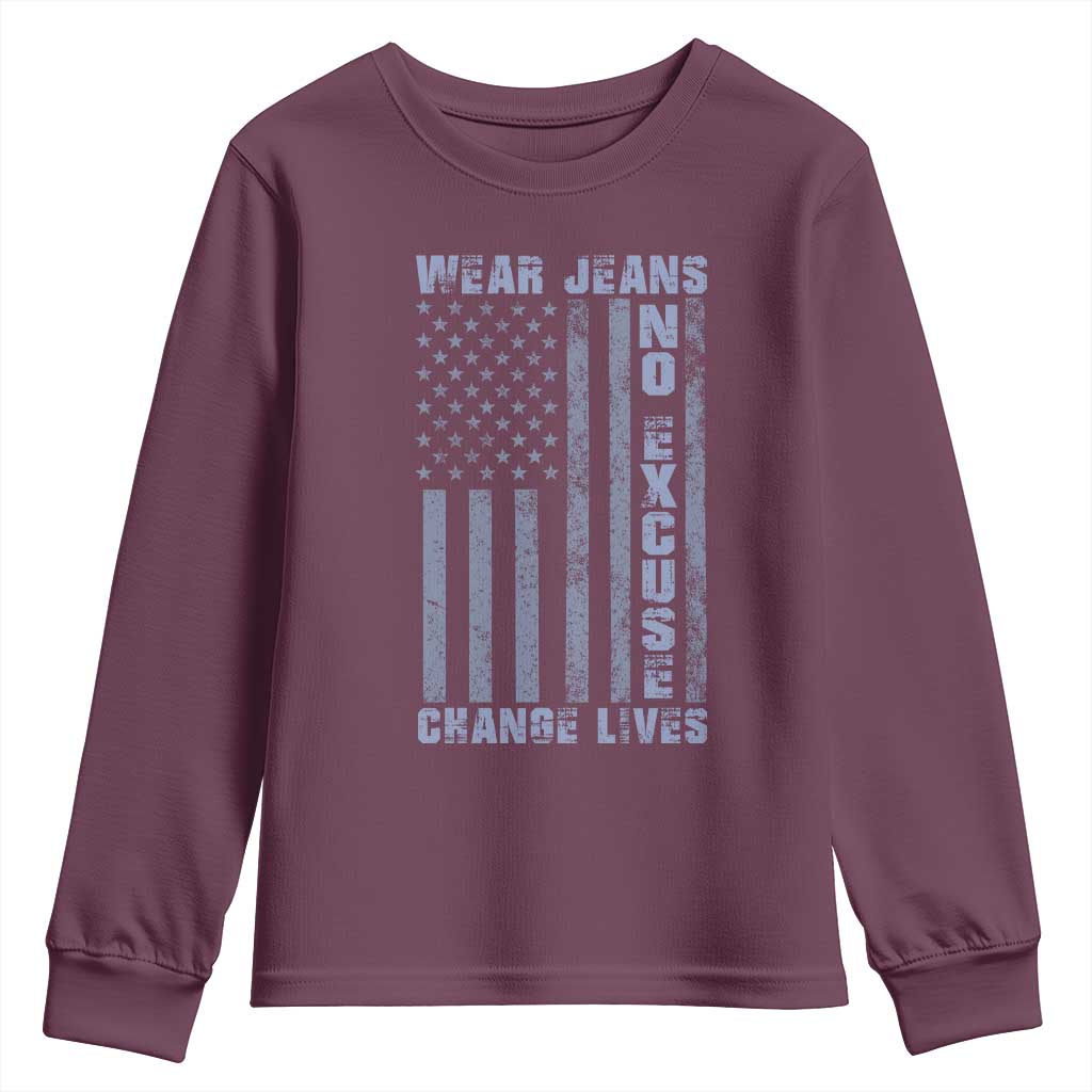 Denim Day Awareness Youth Sweatshirt Wear Jeans No Excuse Change Lives Vintage American Flag TS11 Maroon Print Your Wear