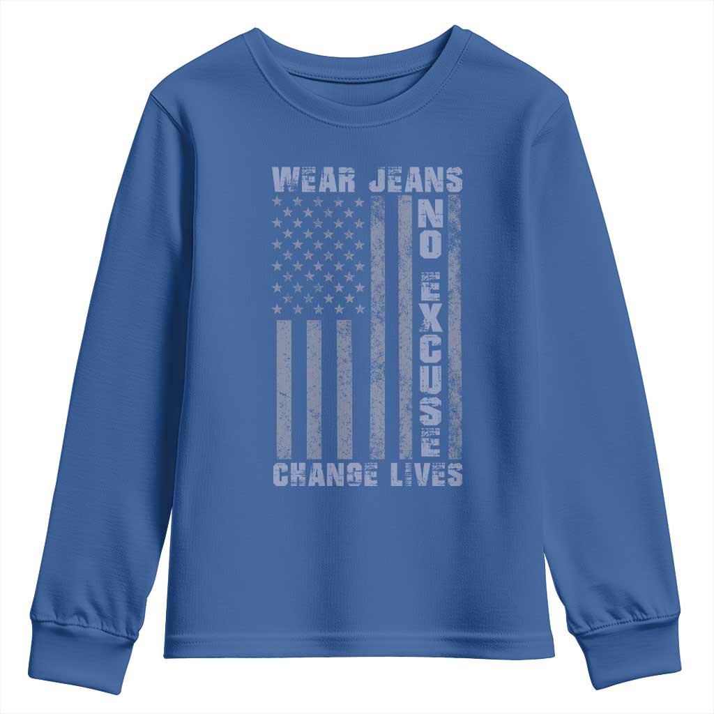 Denim Day Awareness Youth Sweatshirt Wear Jeans No Excuse Change Lives Vintage American Flag TS11 Royal Blue Print Your Wear