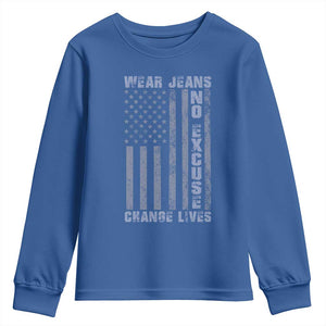 Denim Day Awareness Youth Sweatshirt Wear Jeans No Excuse Change Lives Vintage American Flag TS11 Royal Blue Print Your Wear