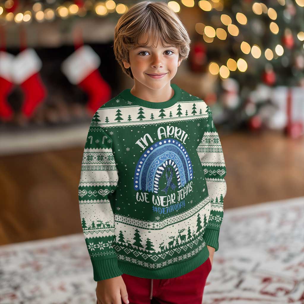 Denim Day Awareness Ugly Christmas Sweater In April We Wear Jeans Rainbow TS11 Forest Green Beige Print Your Wear