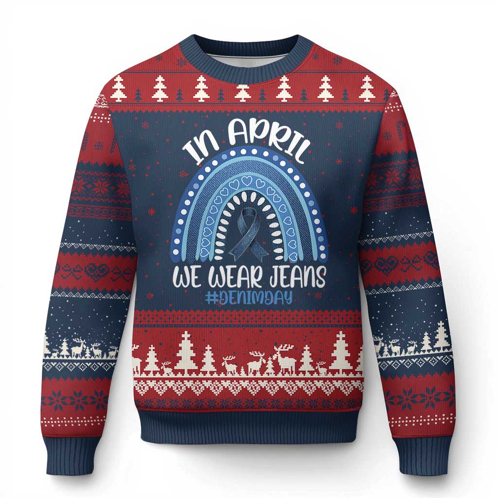 Denim Day Awareness Ugly Christmas Sweater In April We Wear Jeans Rainbow TS11 Navy Red Print Your Wear