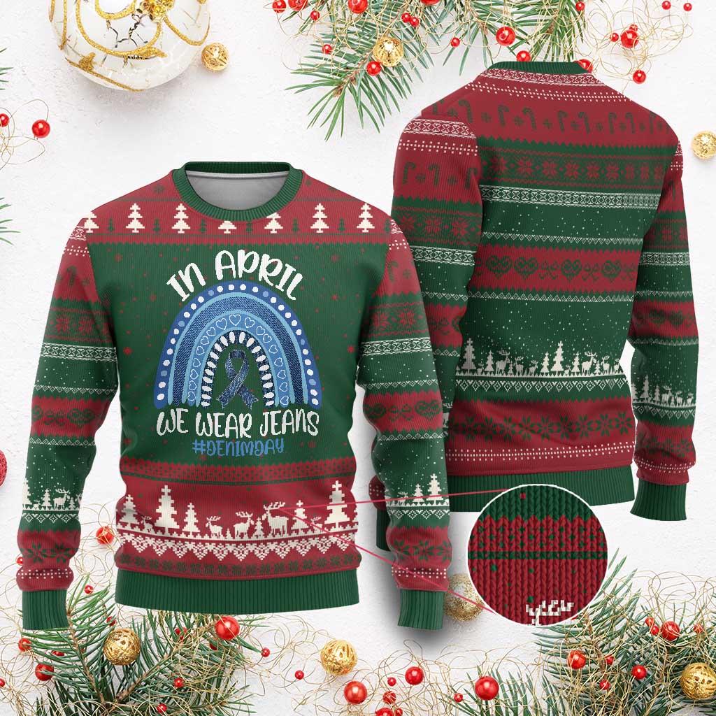 Denim Day Awareness Ugly Christmas Sweater In April We Wear Jeans Rainbow TS11 Red Green Print Your Wear