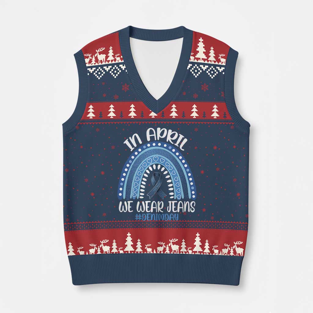 Denim Day Awareness V-Neck Knit Sweater Vest In April We Wear Jeans Rainbow TS11 Navy Red Print Your Wear