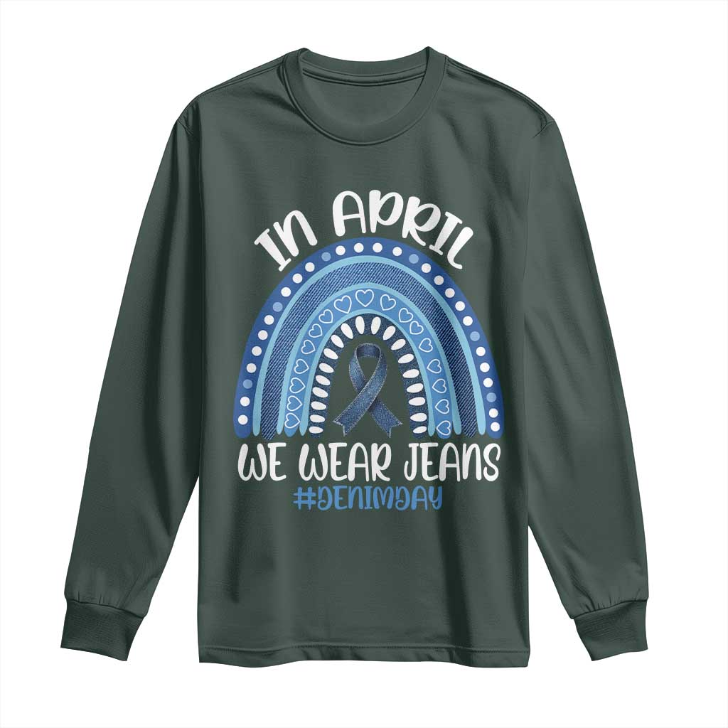 Denim Day Awareness Long Sleeve Shirt In April We Wear Jeans Rainbow TS11 Dark Forest Green Print Your Wear