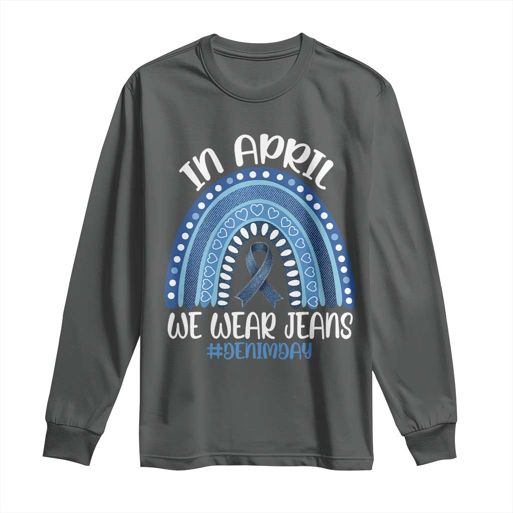 Denim Day Awareness Long Sleeve Shirt In April We Wear Jeans Rainbow TS11 Dark Heather Print Your Wear