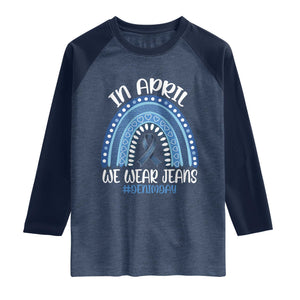 Denim Day Awareness Raglan Shirt In April We Wear Jeans Rainbow TS11 Heather Denim Navy Print Your Wear