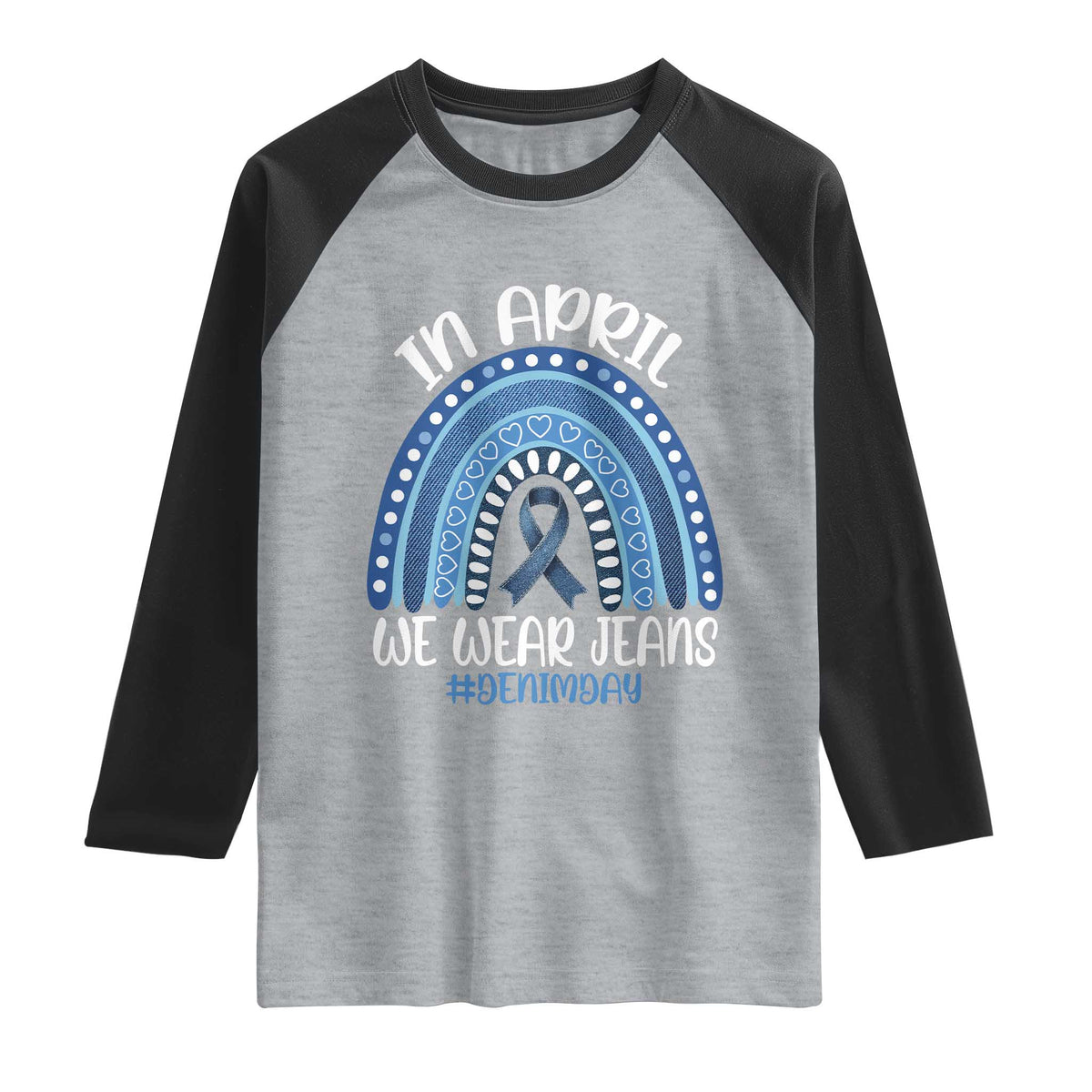 Denim Day Awareness Raglan Shirt In April We Wear Jeans Rainbow TS11 Heather Gray Black Print Your Wear