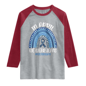 Denim Day Awareness Raglan Shirt In April We Wear Jeans Rainbow TS11 Heather Gray Heather Red Print Your Wear