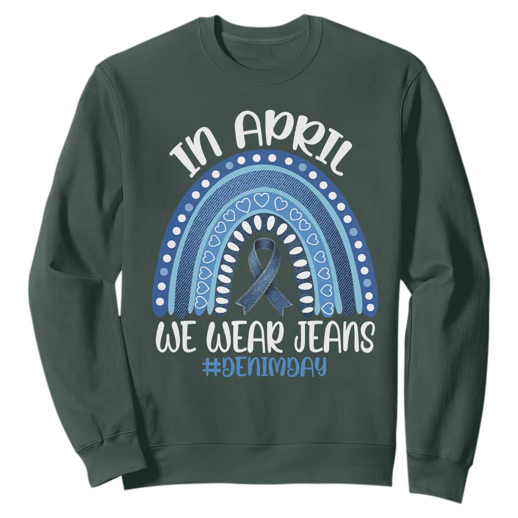 Denim Day Awareness Sweatshirt In April We Wear Jeans Rainbow TS11 Dark Forest Green Print Your Wear