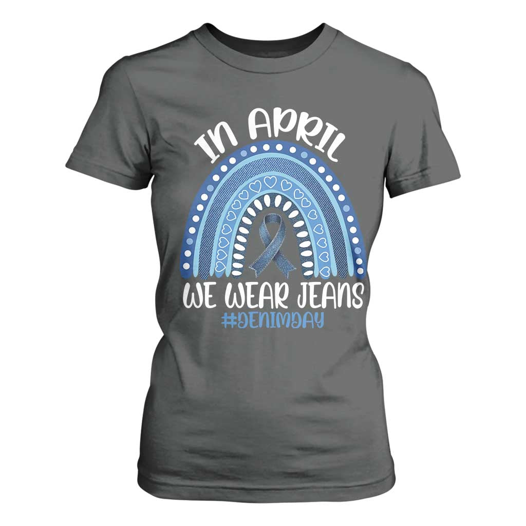 Denim Day Awareness T Shirt For Women In April We Wear Jeans Rainbow TS11 Dark Heather Print Your Wear