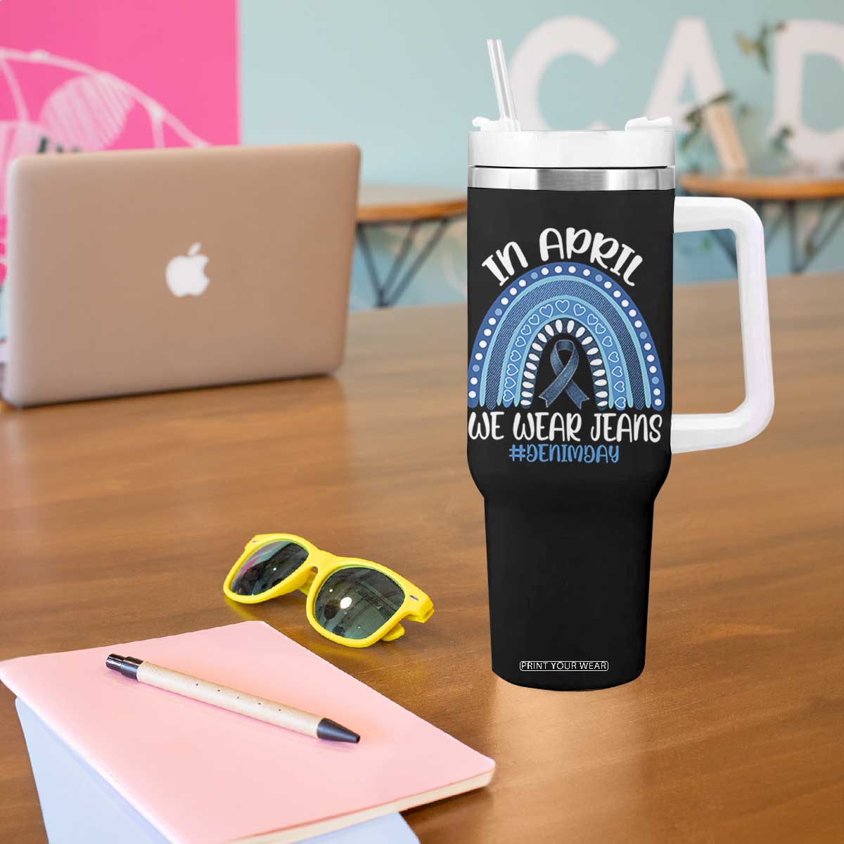 Denim Day Awareness Tumbler With Handle In April We Wear Jeans Rainbow TS11 Print Your Wear