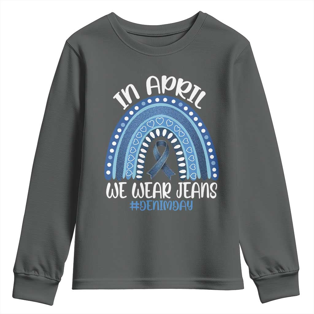 Denim Day Awareness Youth Sweatshirt In April We Wear Jeans Rainbow TS11 Dark Heather Print Your Wear