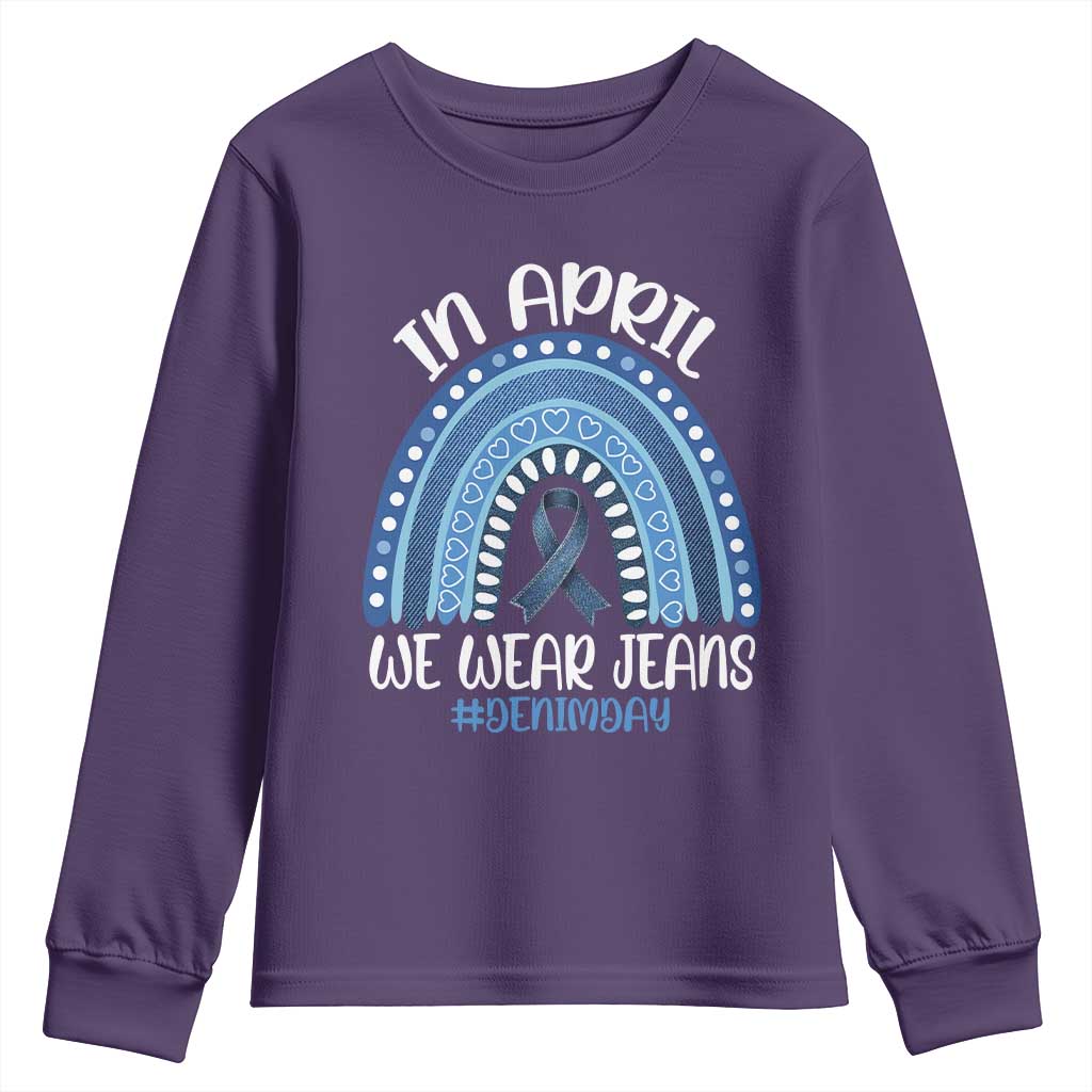 Denim Day Awareness Youth Sweatshirt In April We Wear Jeans Rainbow TS11 Purple Print Your Wear
