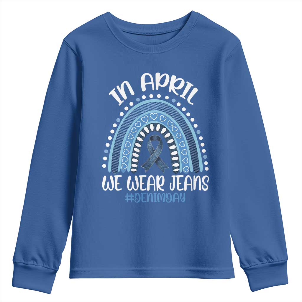 Denim Day Awareness Youth Sweatshirt In April We Wear Jeans Rainbow TS11 Royal Blue Print Your Wear