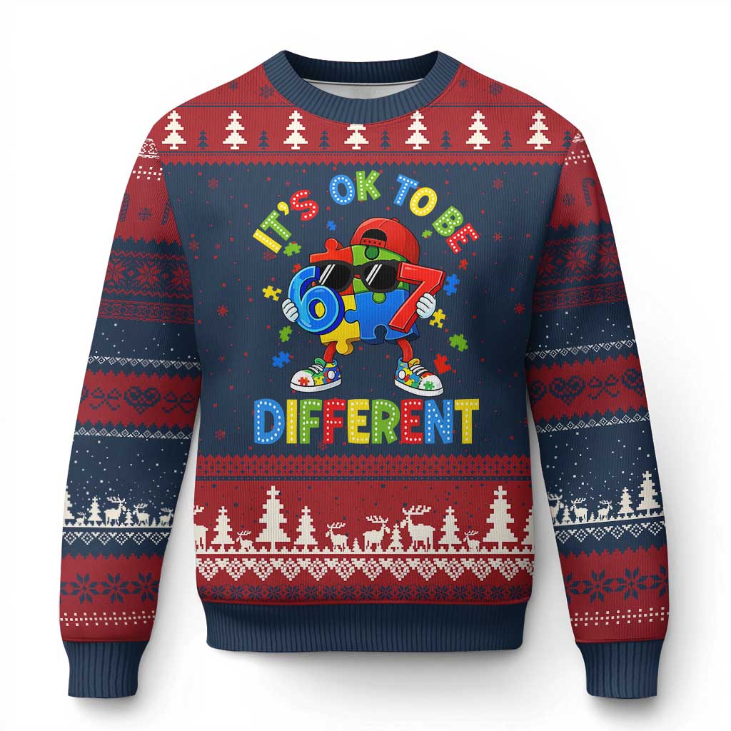Six Seven Autism Awareness Ugly Christmas Sweater It Is Ok To Be Different 67 Meme Puzzle TS11 Navy Red Print Your Wear