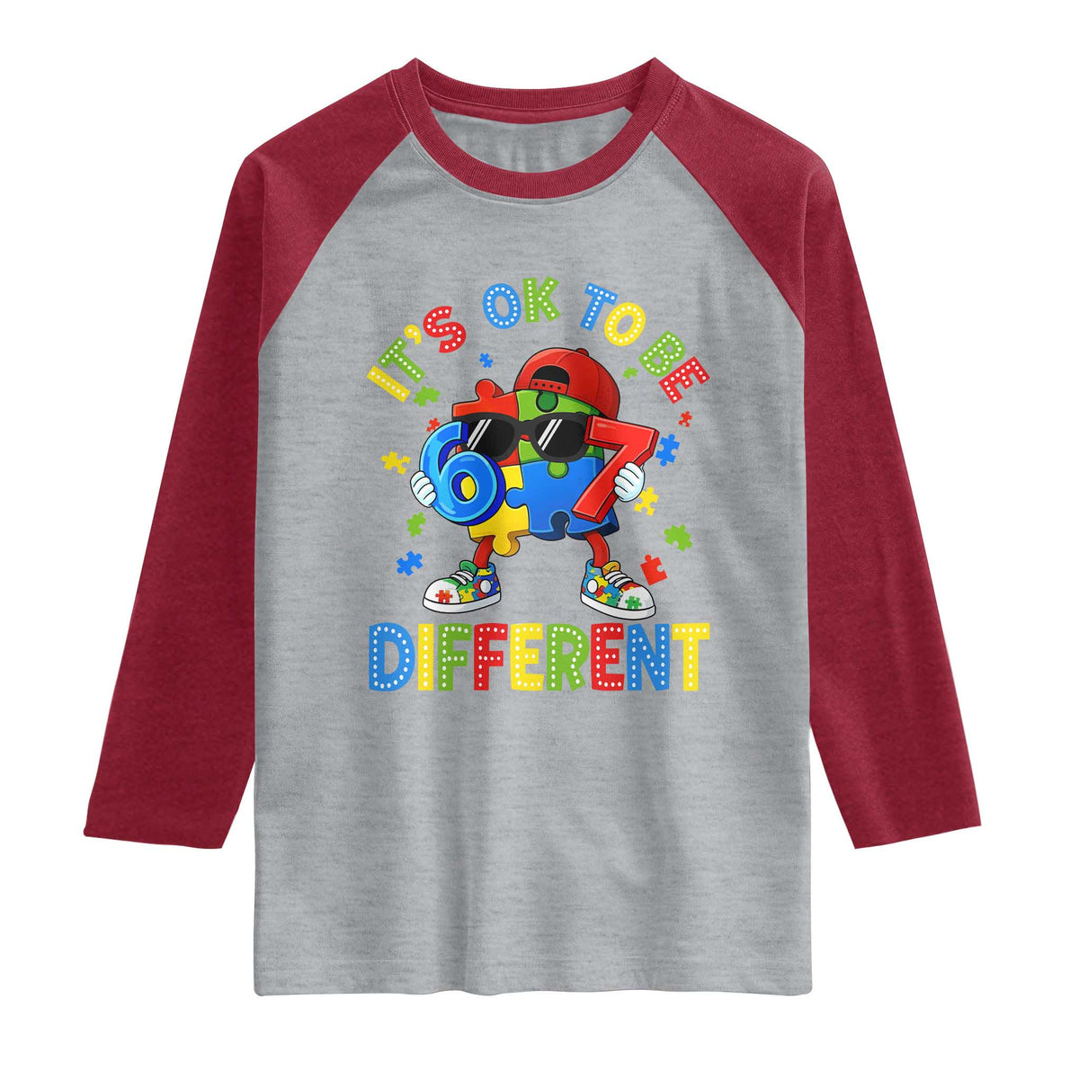 Six Seven Autism Awareness Raglan Shirt It Is Ok To Be Different 67 Meme Puzzle TS11 Heather Gray Heather Red Print Your Wear