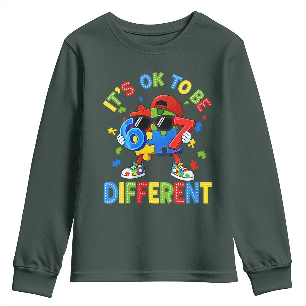 Six Seven Autism Awareness Youth Sweatshirt It Is Ok To Be Different 67 Meme Puzzle TS11 Dark Forest Green Print Your Wear