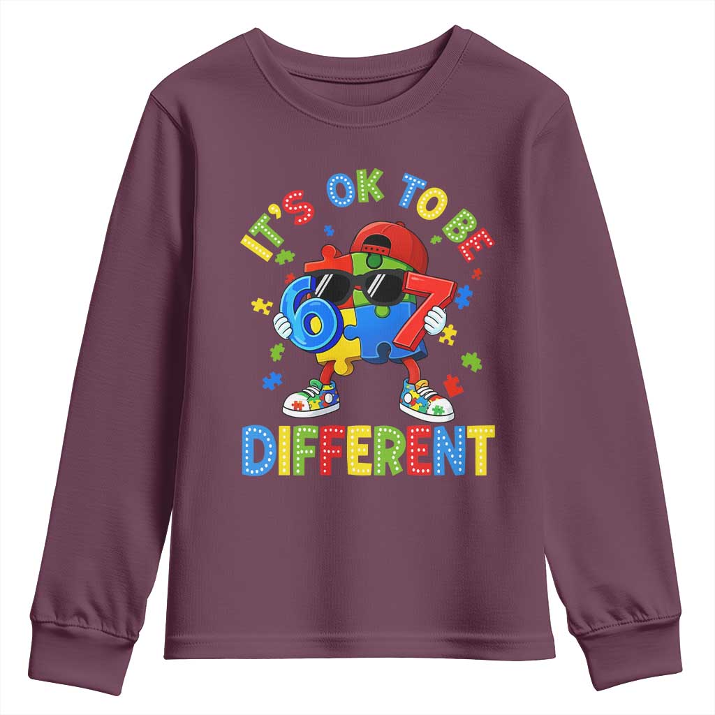 Six Seven Autism Awareness Youth Sweatshirt It Is Ok To Be Different 67 Meme Puzzle TS11 Maroon Print Your Wear