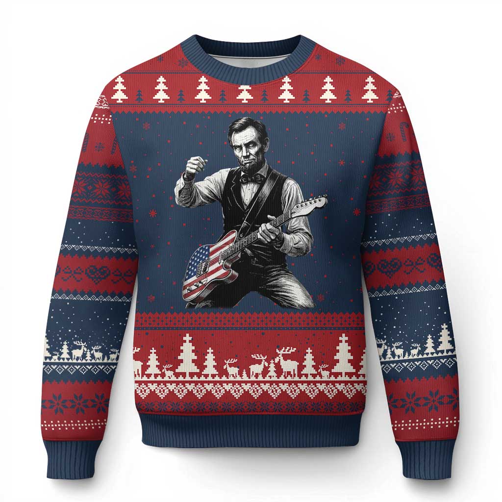 Abraham Lincoln Playing Guitar Vintage American Flag Ugly Christmas Sweater TS11 Navy Red Print Your Wear