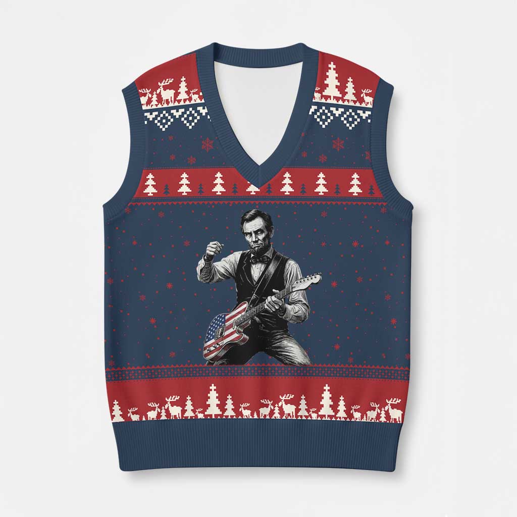 Abraham Lincoln Playing Guitar Vintage American Flag V-Neck Knit Sweater Vest TS11 Navy Red Print Your Wear