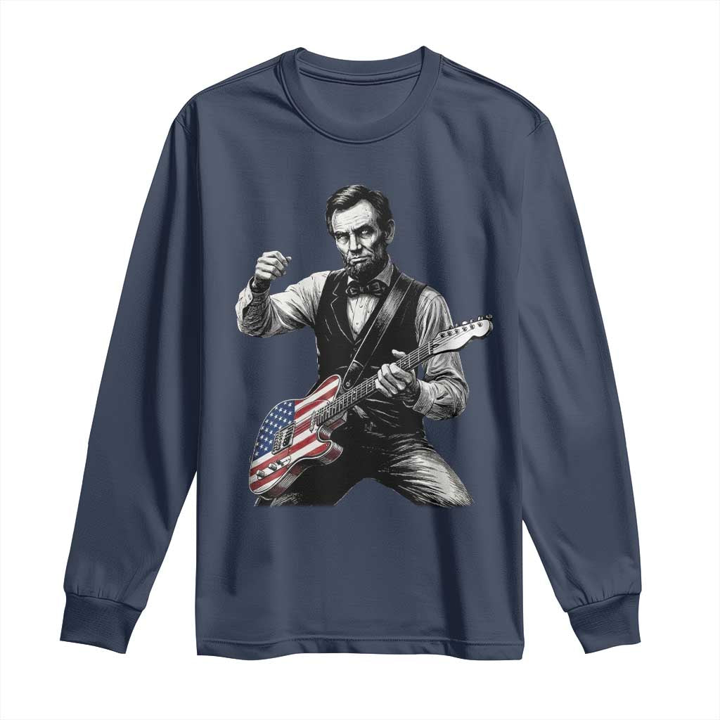 Abraham Lincoln Playing Guitar Vintage American Flag Long Sleeve Shirt TS11 Navy Print Your Wear