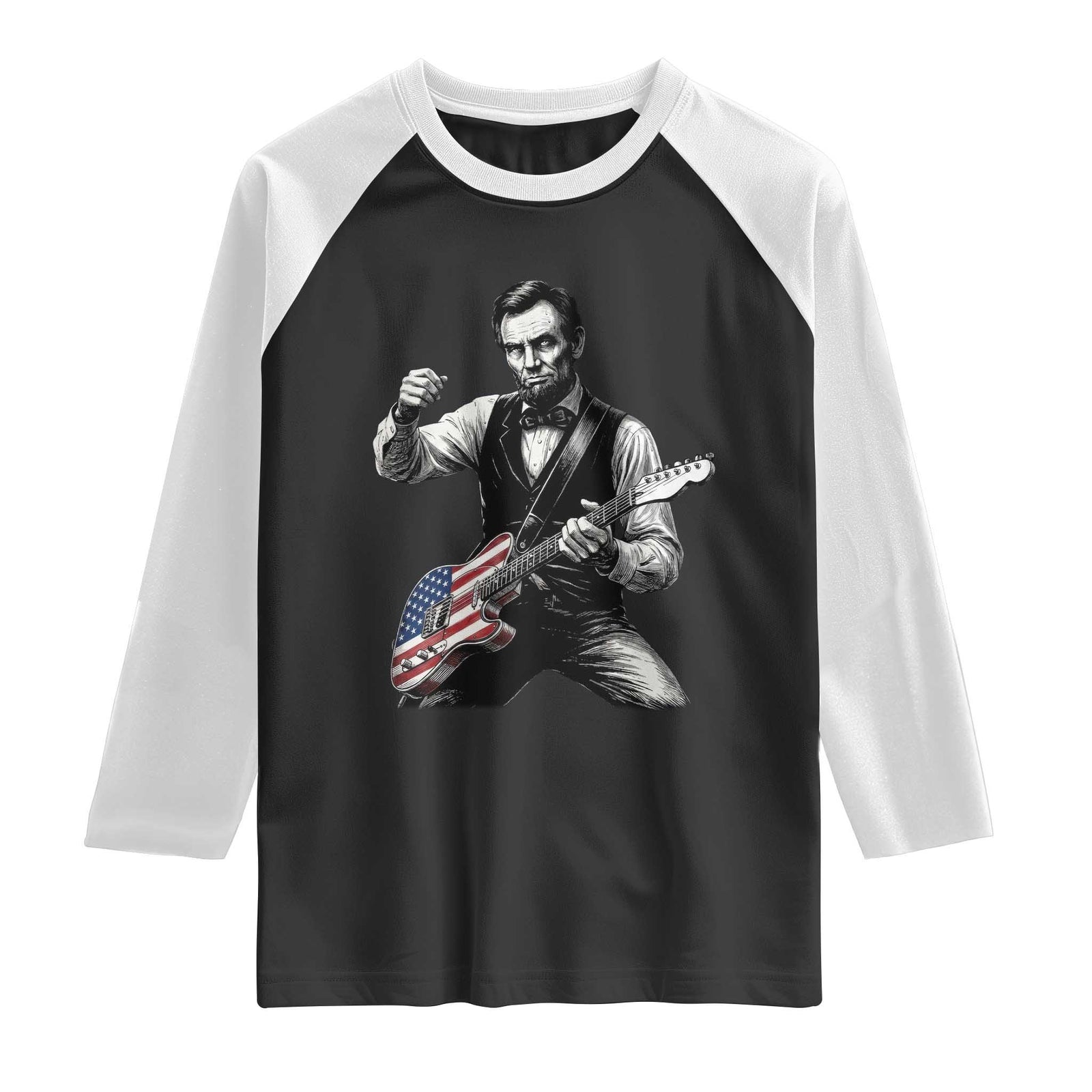 Abraham Lincoln Playing Guitar Vintage American Flag Raglan Shirt TS11 Black White Print Your Wear