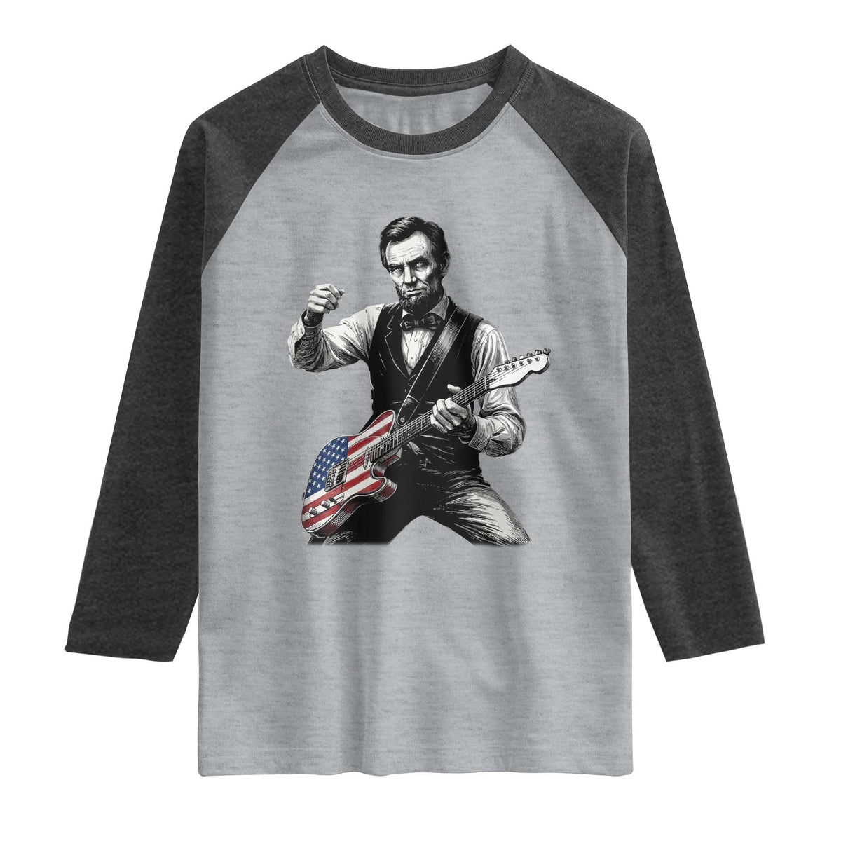 Abraham Lincoln Playing Guitar Vintage American Flag Raglan Shirt TS11 Heather Gray Heather Charcoal Print Your Wear