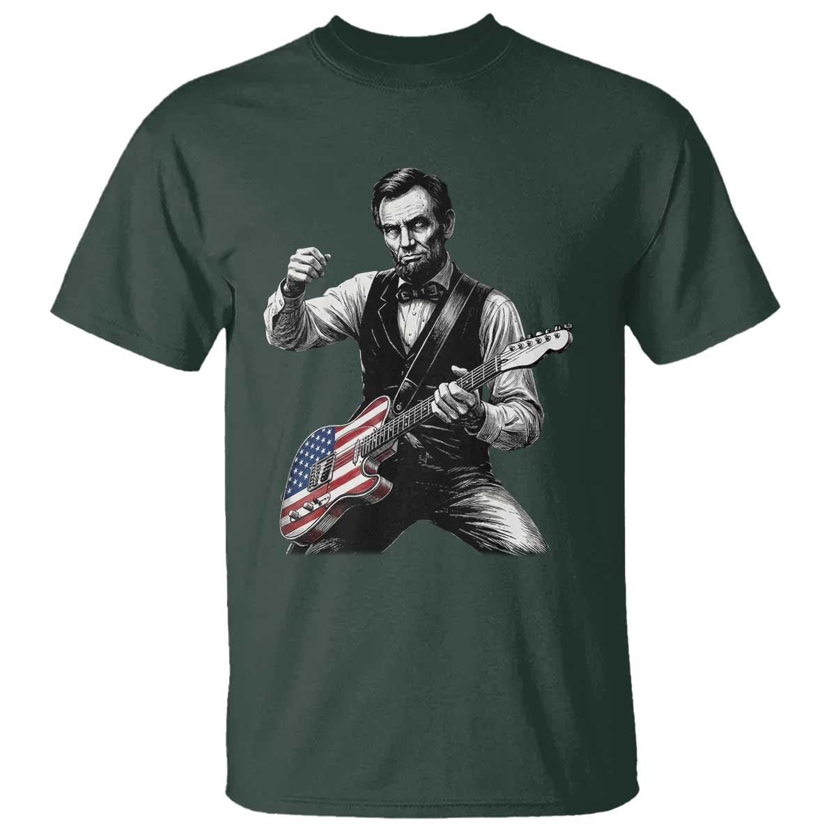 Abraham Lincoln Playing Guitar Vintage American Flag T Shirt TS11 Dark Forest Green Print Your Wear