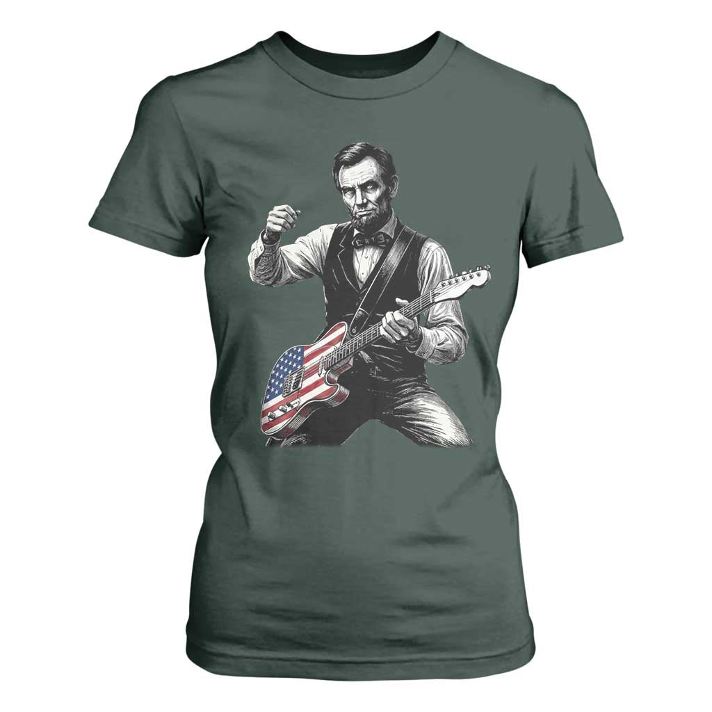 Abraham Lincoln Playing Guitar Vintage American Flag T Shirt For Women TS11 Dark Forest Green Print Your Wear