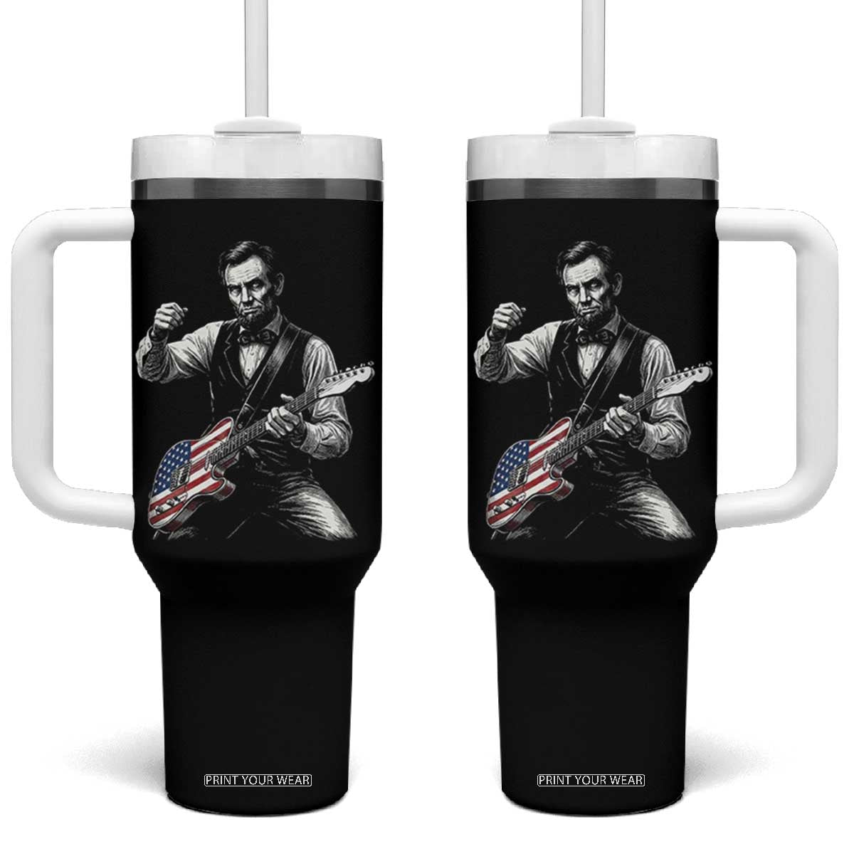 Abraham Lincoln Playing Guitar Vintage American Flag Tumbler With Handle TS11 One Size: 40 oz Black Print Your Wear