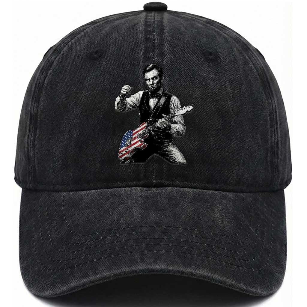 Abraham Lincoln Playing Guitar Vintage American Flag Washed Cotton Baseball Cap TS11 Print Your Wear