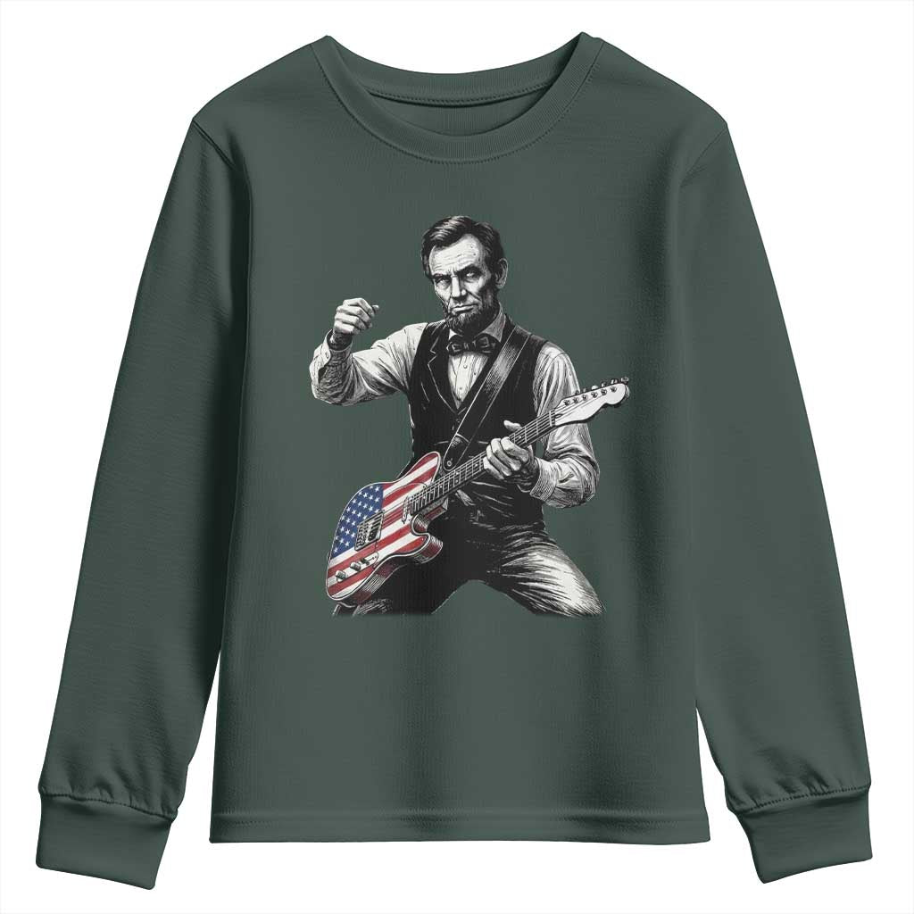 Abraham Lincoln Playing Guitar Vintage American Flag Youth Sweatshirt TS11 Dark Forest Green Print Your Wear