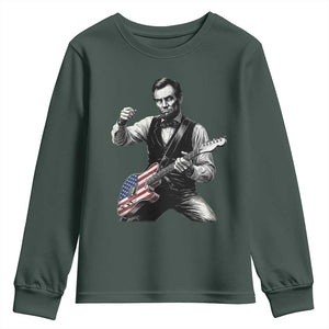 Abraham Lincoln Playing Guitar Vintage American Flag Youth Sweatshirt TS11 Dark Forest Green Print Your Wear