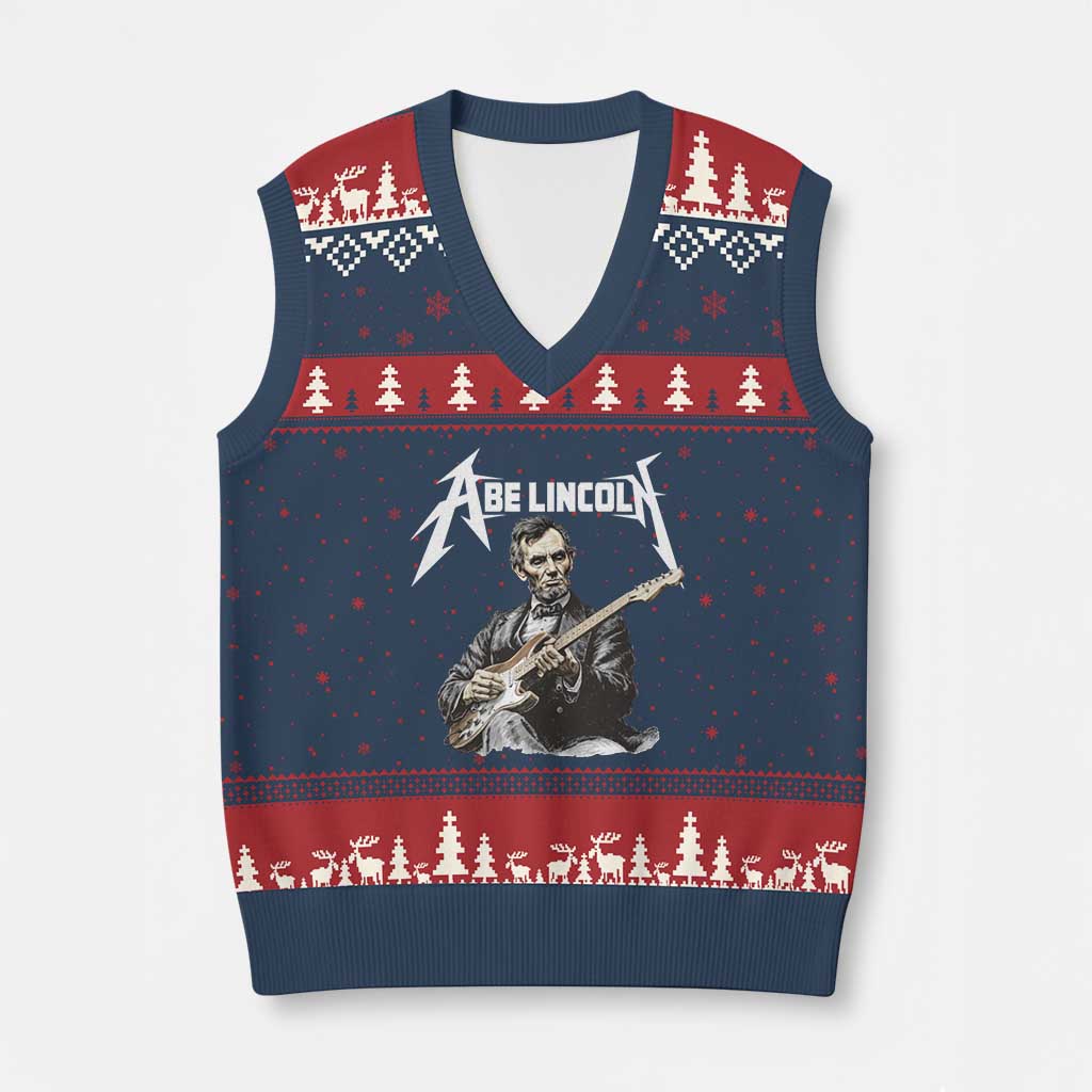 Abe Lincoln Playing Electric Guitar Rocker V-Neck Knit Sweater Vest TS11 Navy Red Print Your Wear