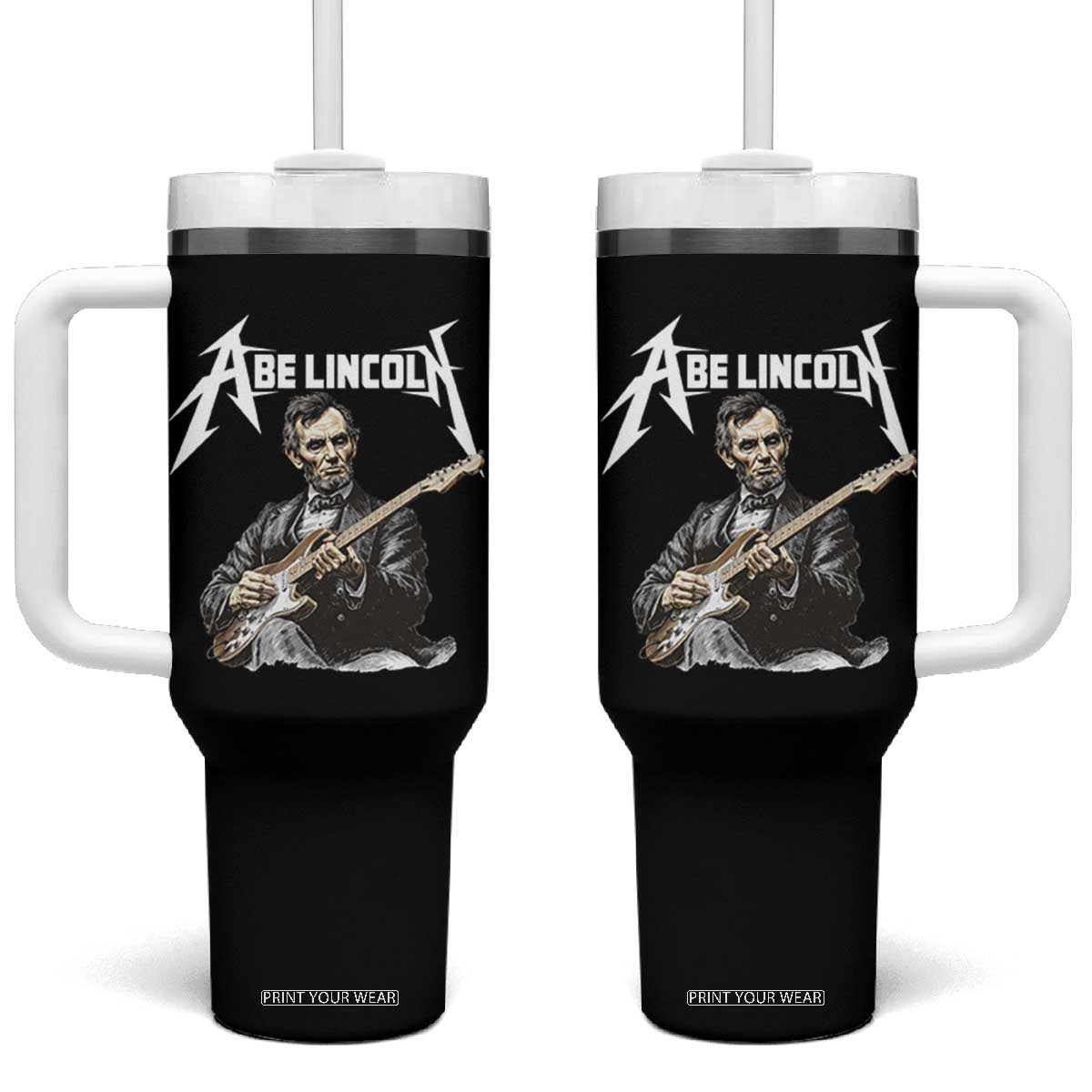 Abe Lincoln Playing Electric Guitar Rocker Tumbler With Handle TS11 One Size: 40 oz Black Print Your Wear